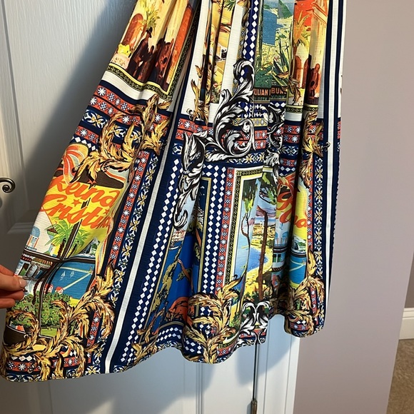 NWT ASOS Linen Bow Detail Cut Out Skater Dress in Postcard Print size 2 - Picture 5 of 13